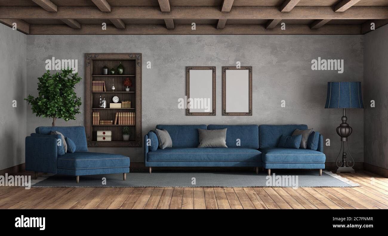 Soggiorno in stile retrò con divano moderno, poltrona e libreria - rendering 3d Foto Stock