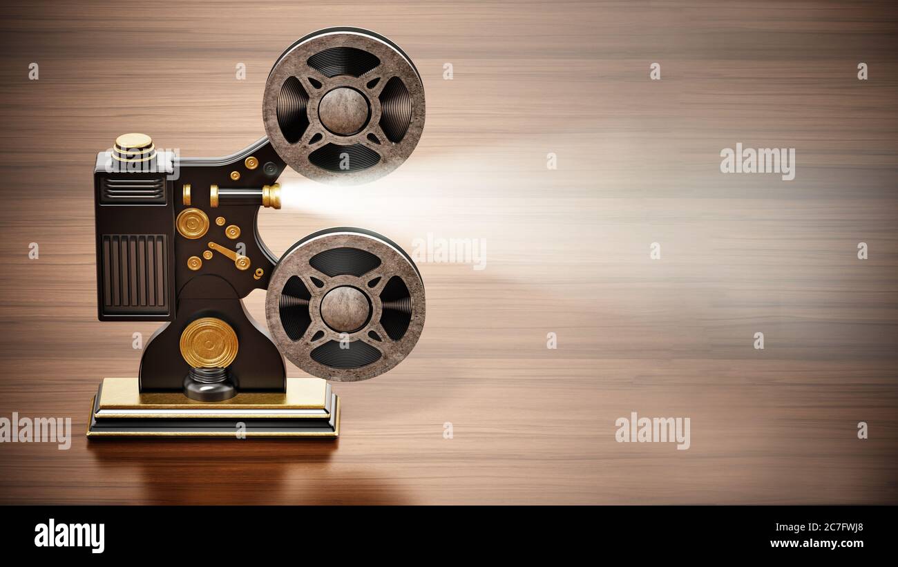 Proiettore per film d'epoca con fascio di luce volumetrico. Illustrazione 3D. Foto Stock