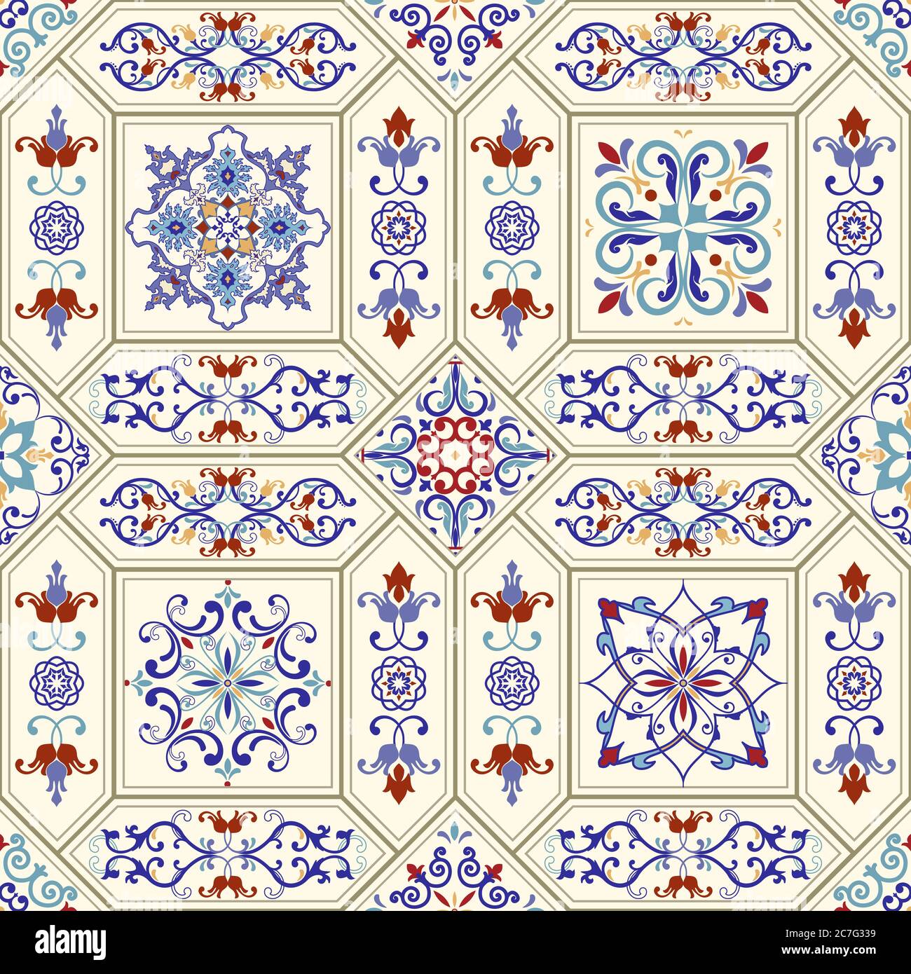 Piastrelle in ceramica senza cuciture. Vintage multicolore in stile turco. Il motivo infinito può essere usato per carta da parati, linoleum, tessuto, sfondo di pagina web. Illustrazione Vettoriale