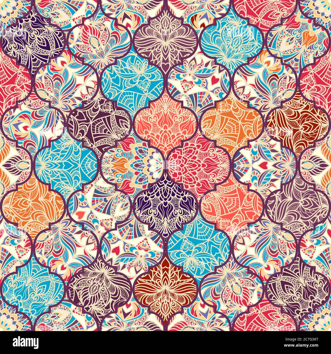 Patchwork colorato senza cuciture in stile turco. Il motivo senza fine può essere utilizzato per piastrelle in ceramica, carta da parati, linoleum, tessuto, sfondo di pagine web. Vettore Illustrazione Vettoriale