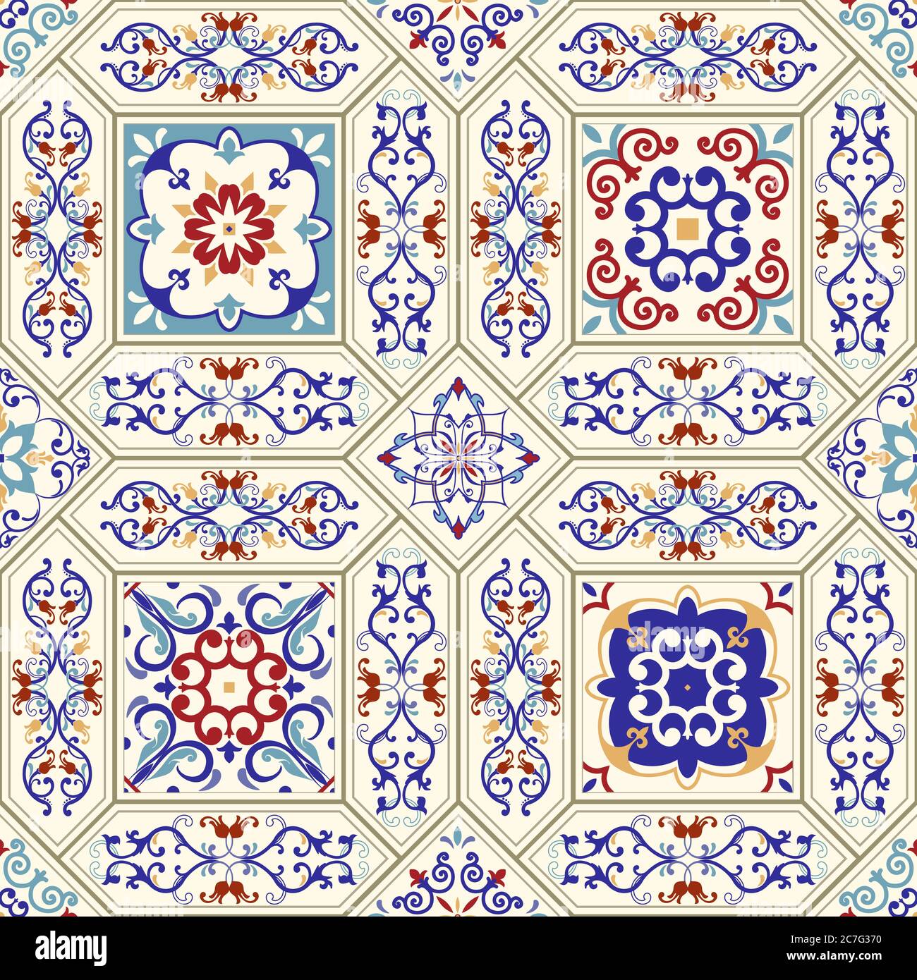 Piastrelle in ceramica senza cuciture. Vintage multicolore in stile turco. Il motivo infinito può essere usato per carta da parati, linoleum, tessuto, sfondo di pagina web. Illustrazione Vettoriale
