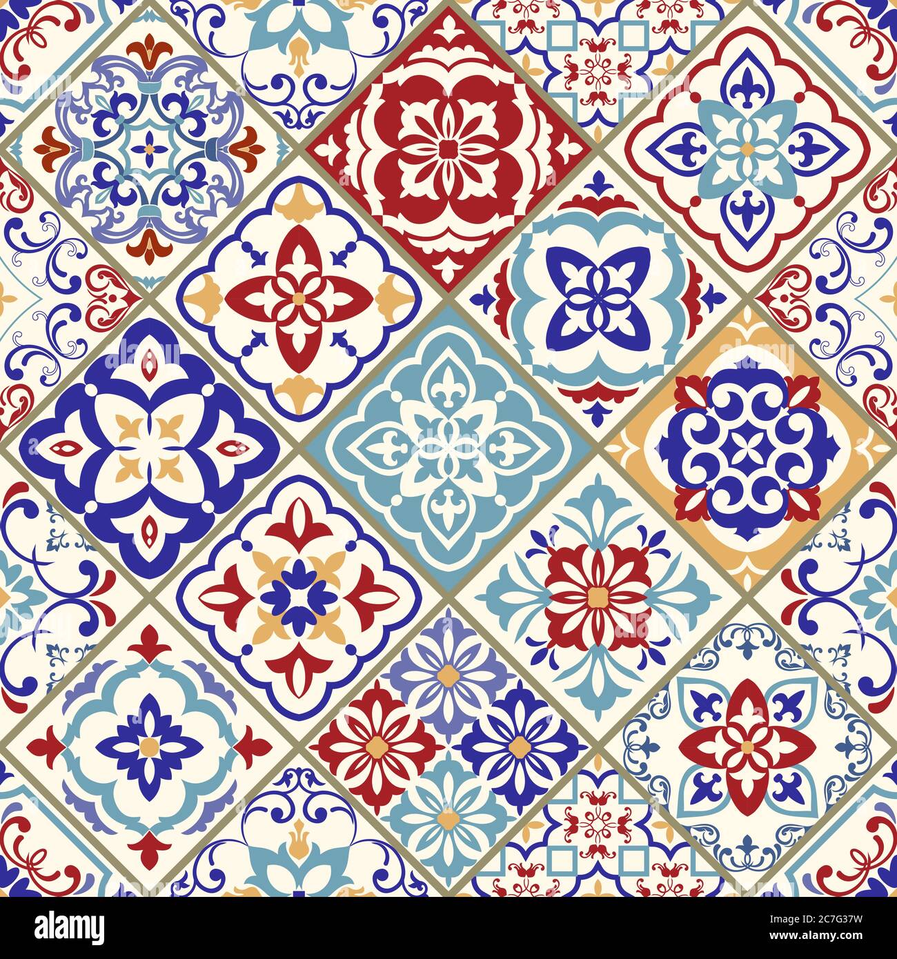Patchwork colorato senza cuciture in stile turco. Sfondo disegnato a mano. Azulejos piastrelle patchwork. Arredamento Portoghese, Spagna. Motivo arabo, indiano, ottomano. Illustrazione Vettoriale