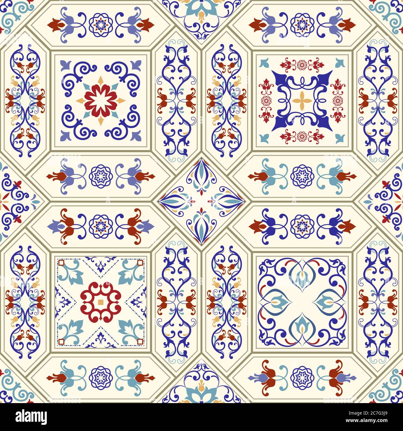 Piastrelle in ceramica senza cuciture. Vintage multicolore in stile turco. Il motivo infinito può essere usato per carta da parati, linoleum, tessuto, sfondo di pagina web. Illustrazione Vettoriale