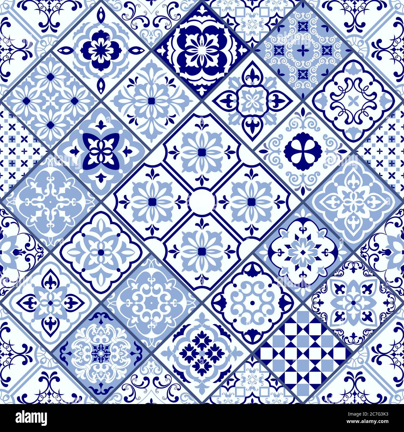 Patchwork colorato senza cuciture in stile turco. Sfondo disegnato a mano. Azulejos piastrelle patchwork. Arredamento Portoghese, Spagna. Motivo arabo, indiano, ottomano. Illustrazione Vettoriale