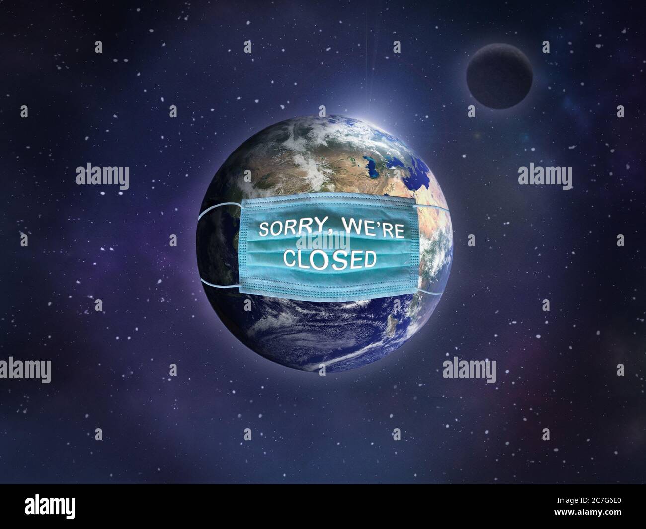 Concetto di attacco del coronavirus mondiale. Malattia a rischio per la salute pubblica. Messa a terra con maschera di protezione. Foto Stock