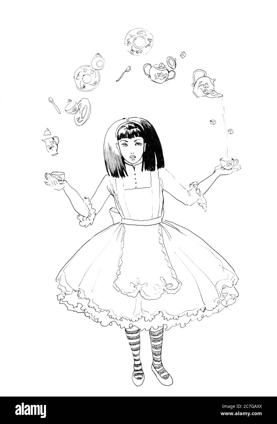 MAD Tea Party di Alice. Illustrazione disegnata a mano di giovane ragazza dai capelli neri con diverse attrezzature da tè . Disegno a penna su sfondo bianco Foto Stock