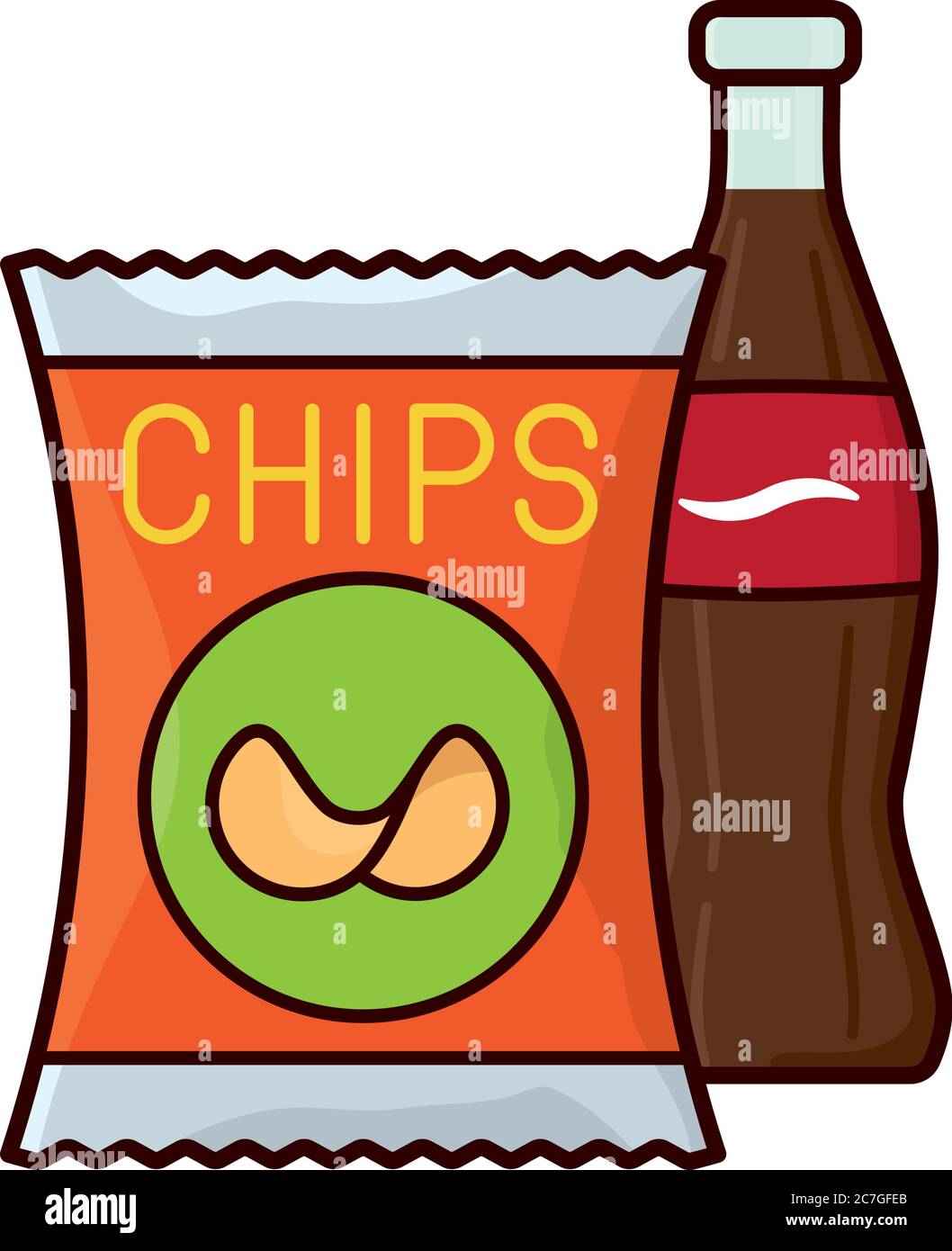Sacchetto di patatine e bottiglia di bibita analcolica illustrazione vettoriale isolata per la Giornata del cibo della spazzatura il 21 luglio. Simbolo di alimentazione malsana. Illustrazione Vettoriale