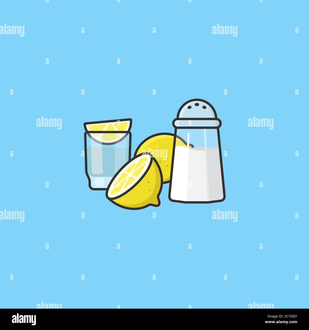 Tequila in vetro, limoni e shaker di sale illustrazione vettoriale per Tequila Day il 24 luglio. Simbolo rituale del bere. Illustrazione Vettoriale