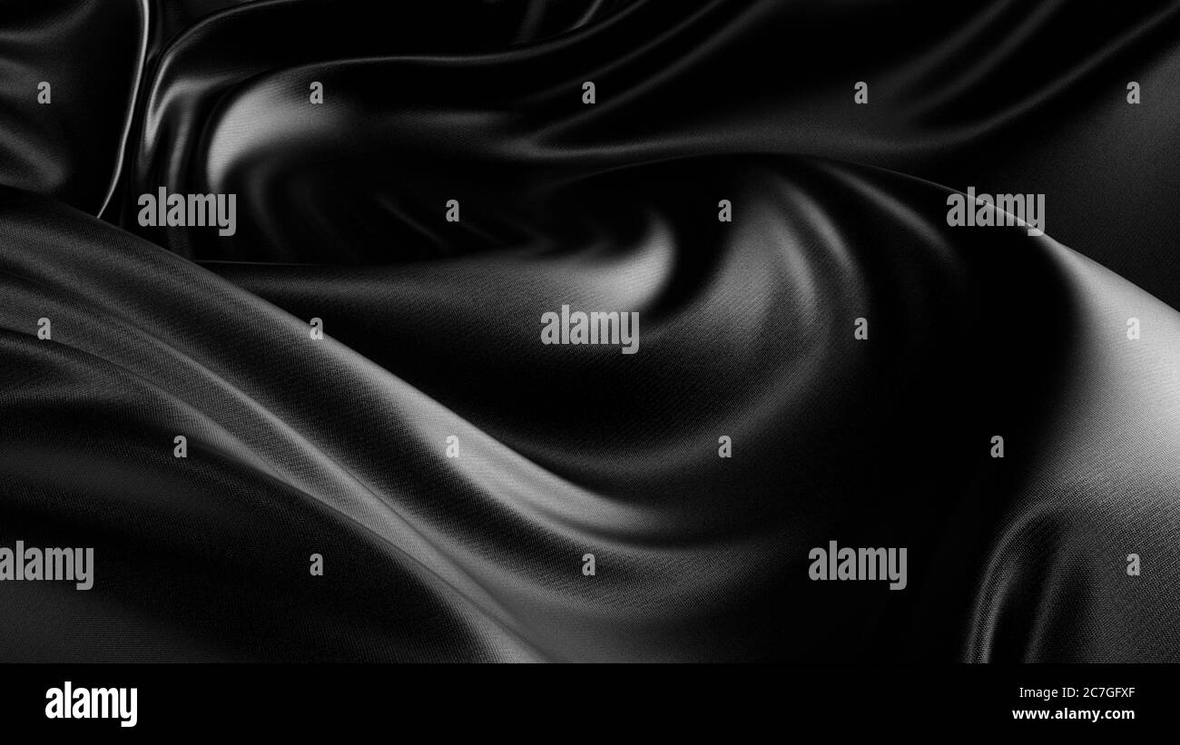 Seta nera o tessuto satinato sfondo astratto. Panno astratto nero. rendering 3d. Foto Stock