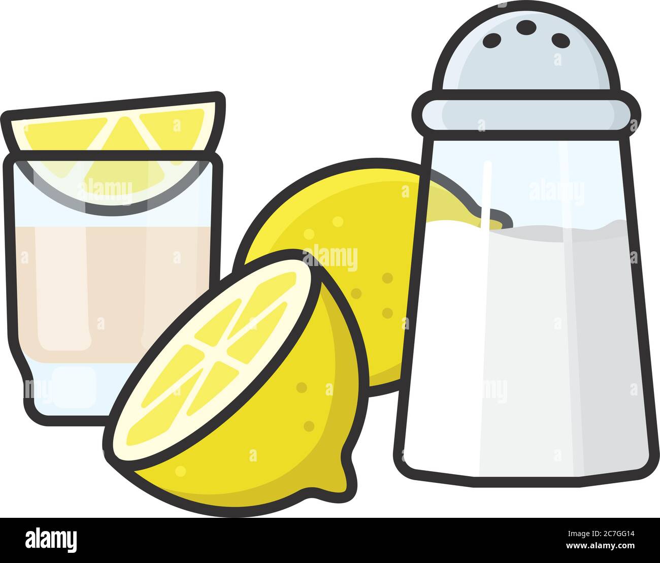 Tequila in vetro, limoni e shaker di sale isolato illustrazione vettoriale per Tequila giorno il 24 luglio. Simbolo rituale del bere. Illustrazione Vettoriale
