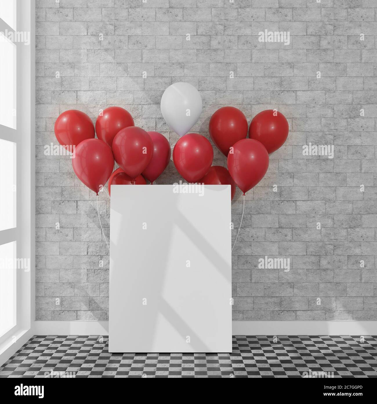 Tela con alcuni palloncini in una stanza di luce naturale. Mockup di rendering 3D. Illustrazione 3d.concetto di parte Foto Stock