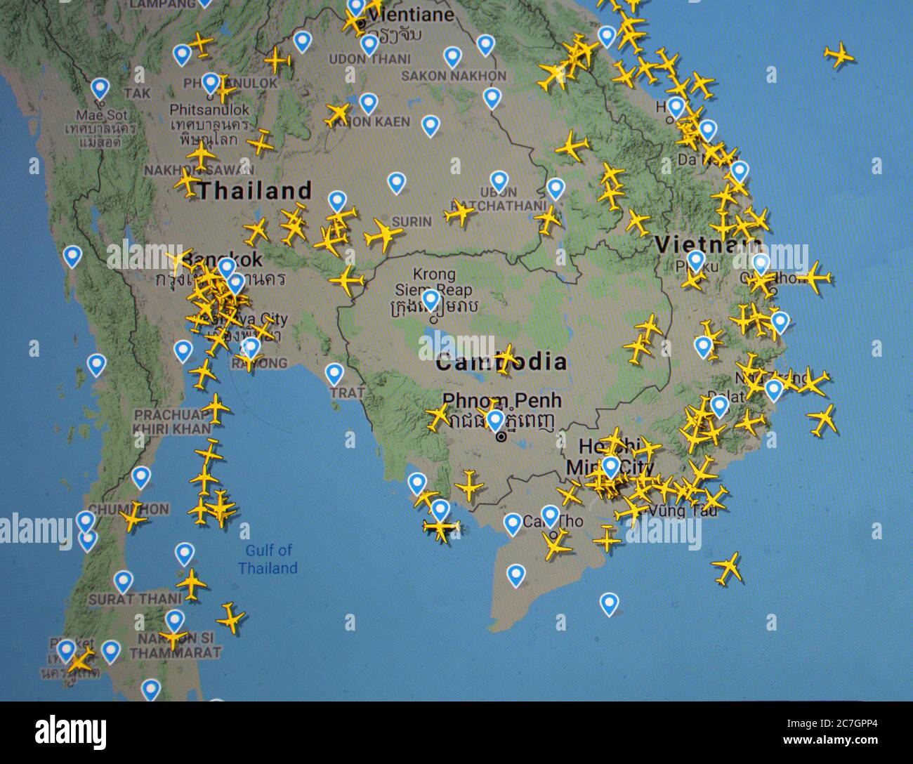 Traffico aereo su Thailandia, Cambogia, Vietman (17 luglio 2020, UTC 09.00) su Internet con il sito Flightradar 24, durante il Coronavirus Pandemic Foto Stock