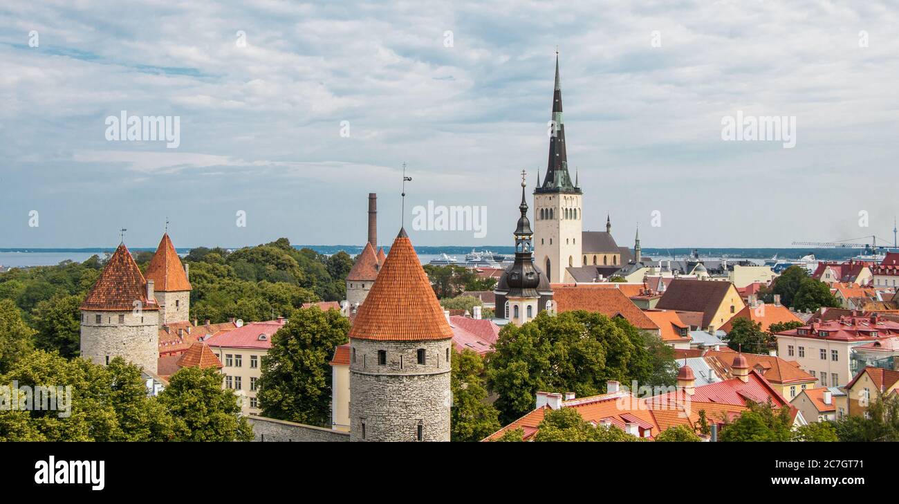 Vista dall'alto sui tetti arancioni e le chiodette della Città Vecchia di Tallinn, Estonia. Banner. Spazio di copia. Foto Stock