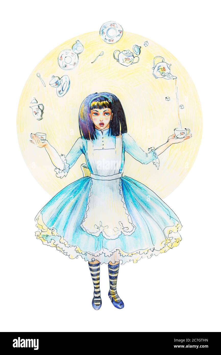 MAD Tea Party di Alice. Illustrazione disegnata a mano di giovane ragazza dai capelli neri con diverse attrezzature da tè . Disegno a penna e matita su sfondo bianco Foto Stock