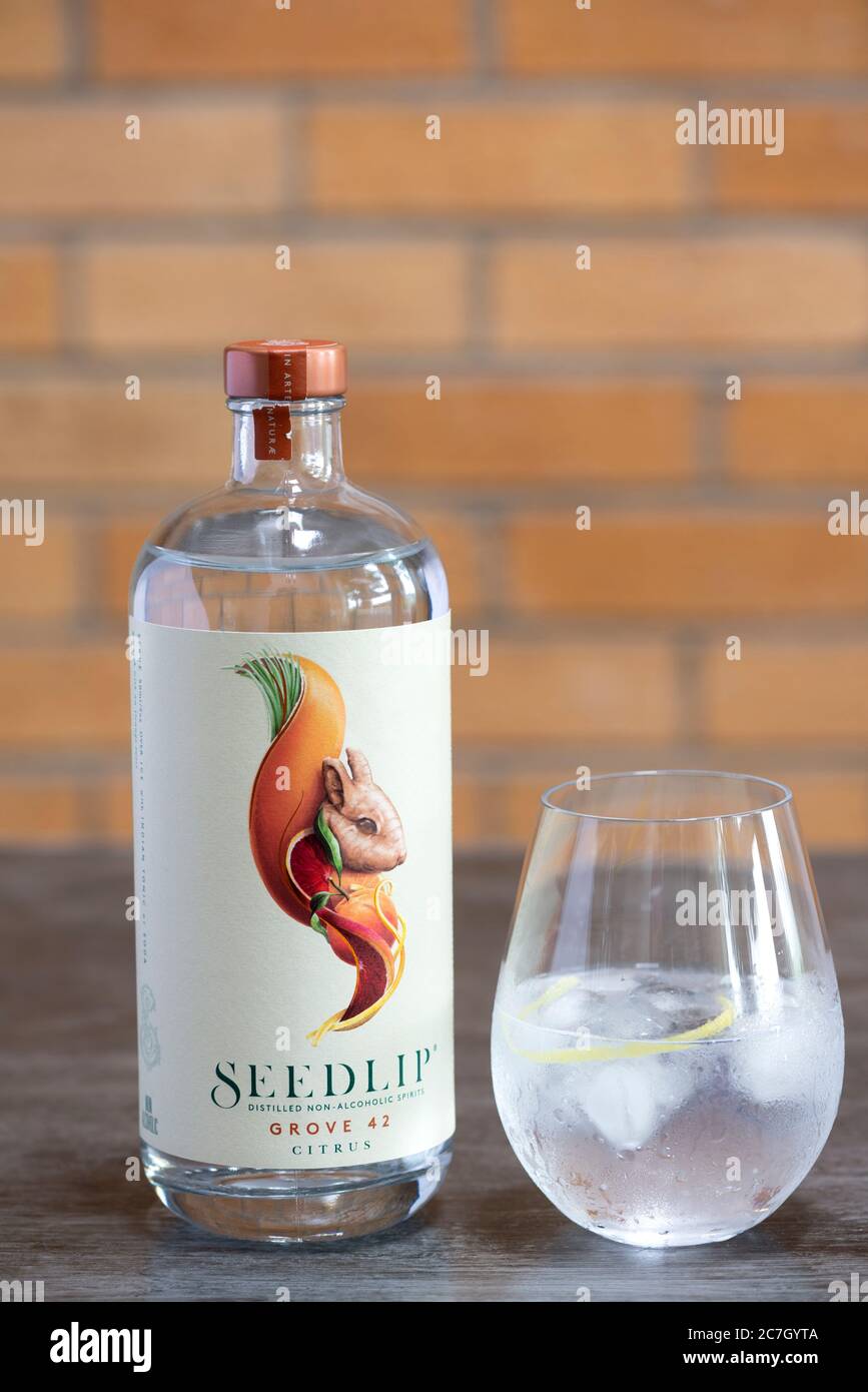 Un 'gin and tonic' non alcolico realizzato con alcol senza Seedlip. Foto Stock