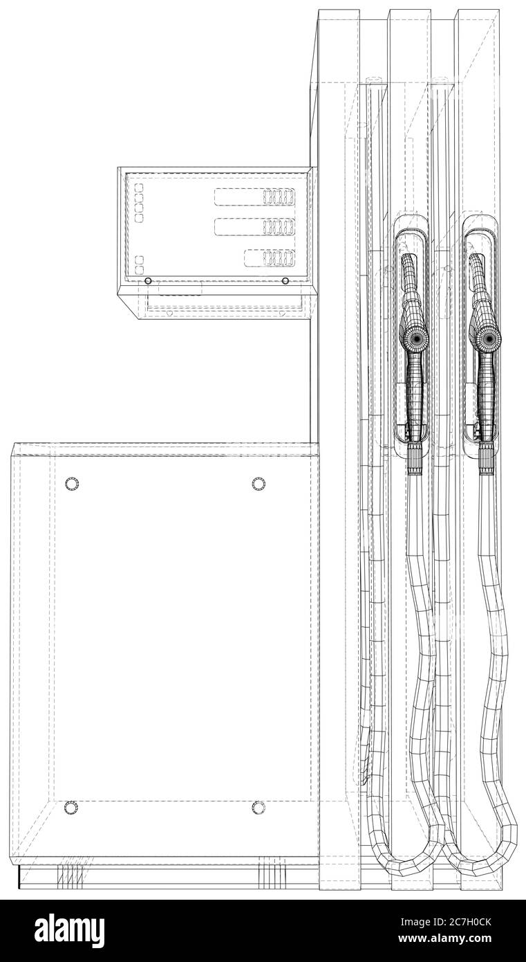 Elemento di progettazione vettoriale su benzina con pompa di stazione di gas moderna isolata. Telaio a filo. I livelli delle linee visibili e invisibili sono separati. Illustrazione Vettoriale