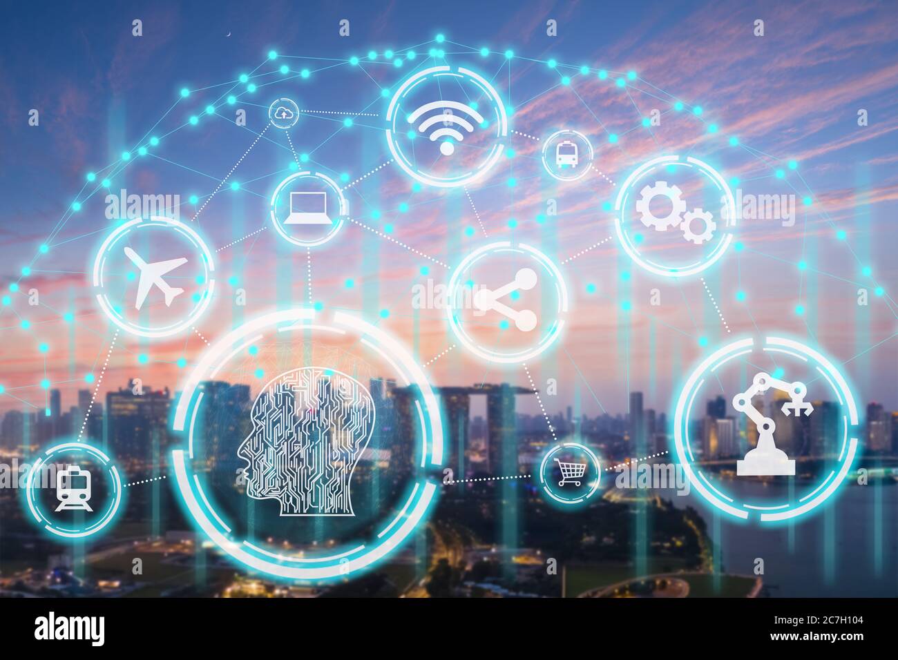 Città intelligente, tecnologia wireless, concetto di comunicazione, nuova generazione di città moderna si collegano con tecnologie di intelligence icone futuristiche aggiunto Foto Stock