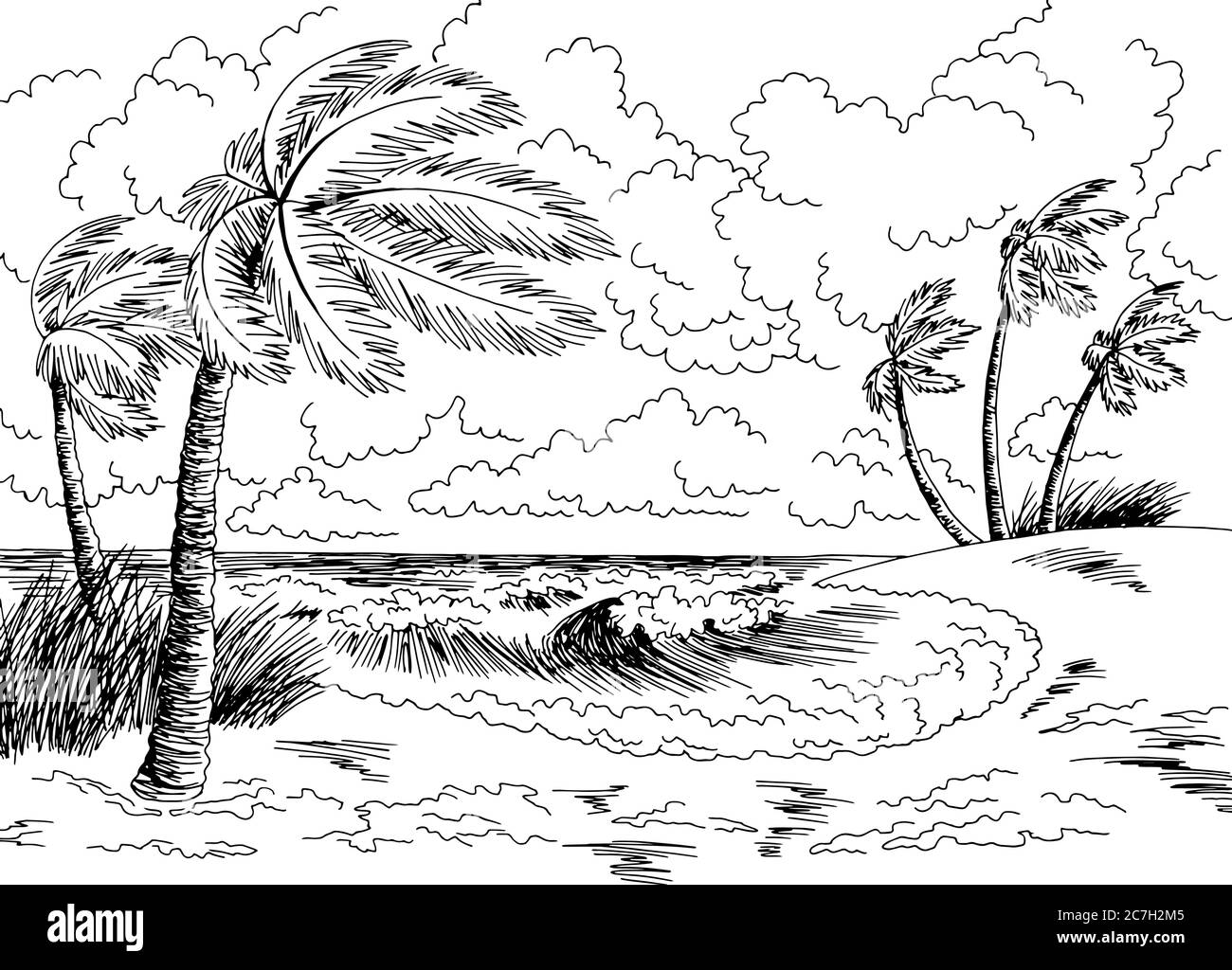 Mare costa tempesta grafica spiaggia nero bianco paesaggio disegno vettore Illustrazione Vettoriale
