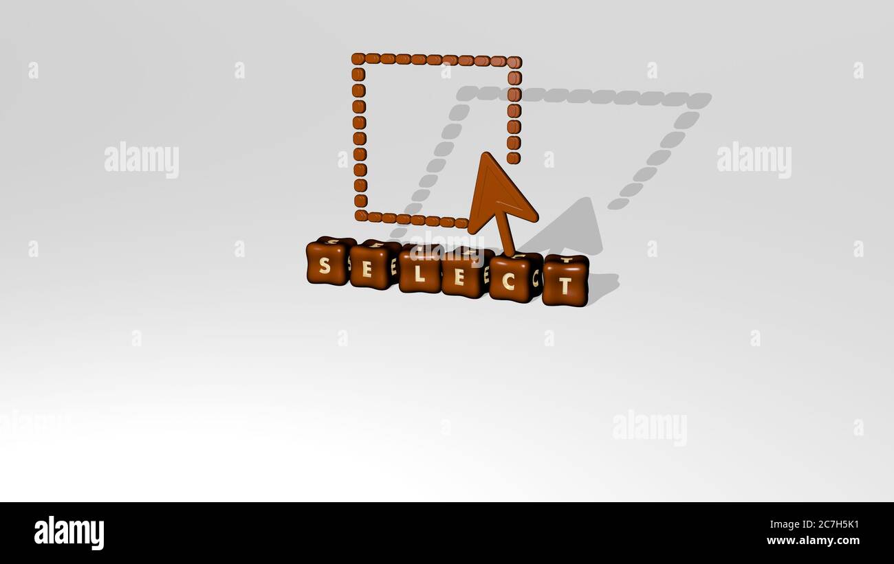 Rappresentazione 3D di SELECT con icona sulla parete e testo disposto da lettere cubiche metalliche su un pavimento a specchio per significato concettuale e presentazione presentazione presentazione. Sfondo e illustrazione Foto Stock