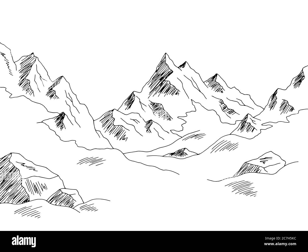Glacier montagne collina grafica bianco nero disegno grafico paesaggio vettore illustrazione Illustrazione Vettoriale