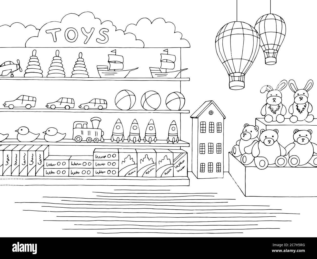 Grafico negozio di giocattoli nero bianco disegno interno vettore illustrazione Illustrazione Vettoriale