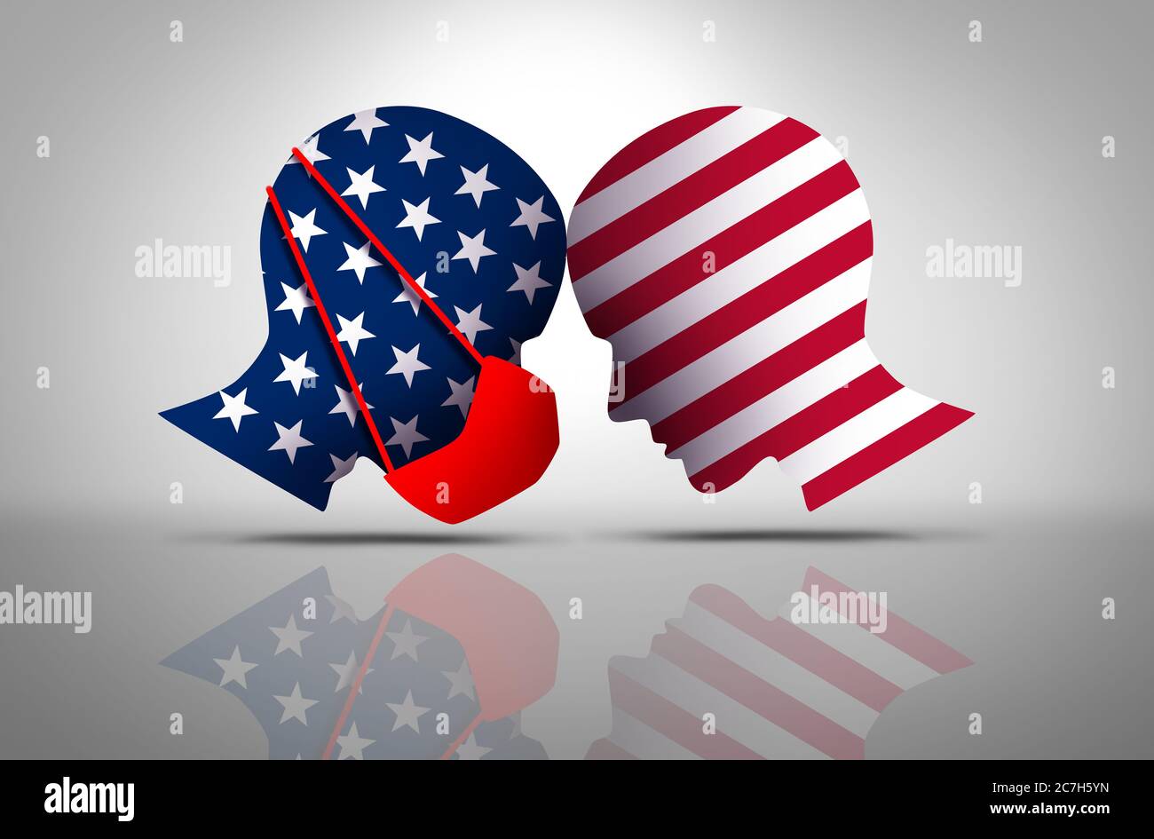 USA maschera dibattito e guerra politica sulle maschere chirurgiche come un conflitto di cultura americana come due parti uno indossando una copertura viso e un altro. Foto Stock