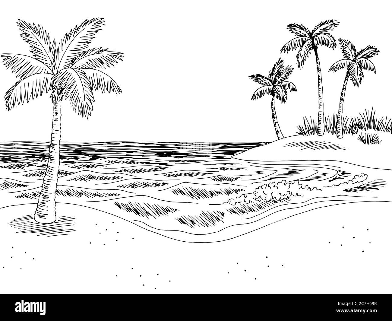 Mare costa grafica spiaggia bianco nero disegno grafico paesaggio vettore Illustrazione Vettoriale