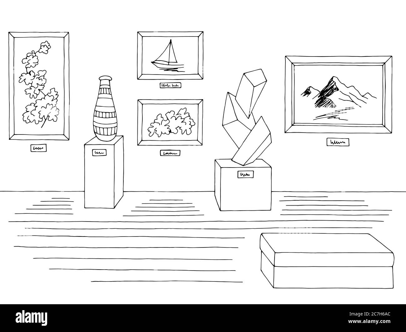 Museo grafico bianco nero disegno interno illustrazione vettore Illustrazione Vettoriale