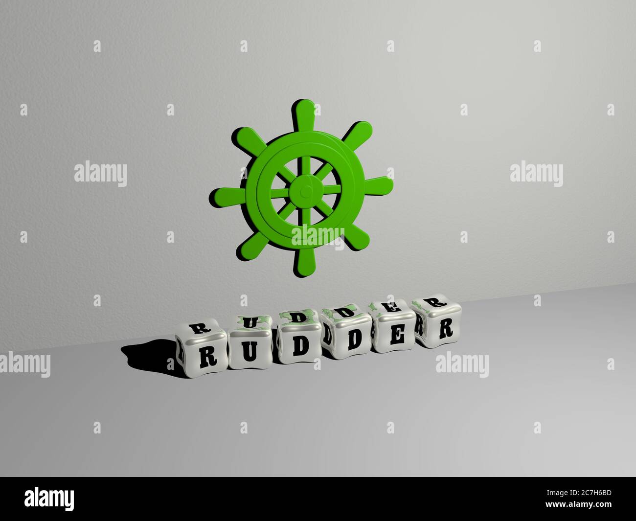 Immagine grafica 3D del TIMONE in verticale insieme al testo realizzato da lettere cubiche metalliche dalla prospettiva superiore, eccellente per la presentazione concettuale e le presentazioni. Illustrazione e barca Foto Stock