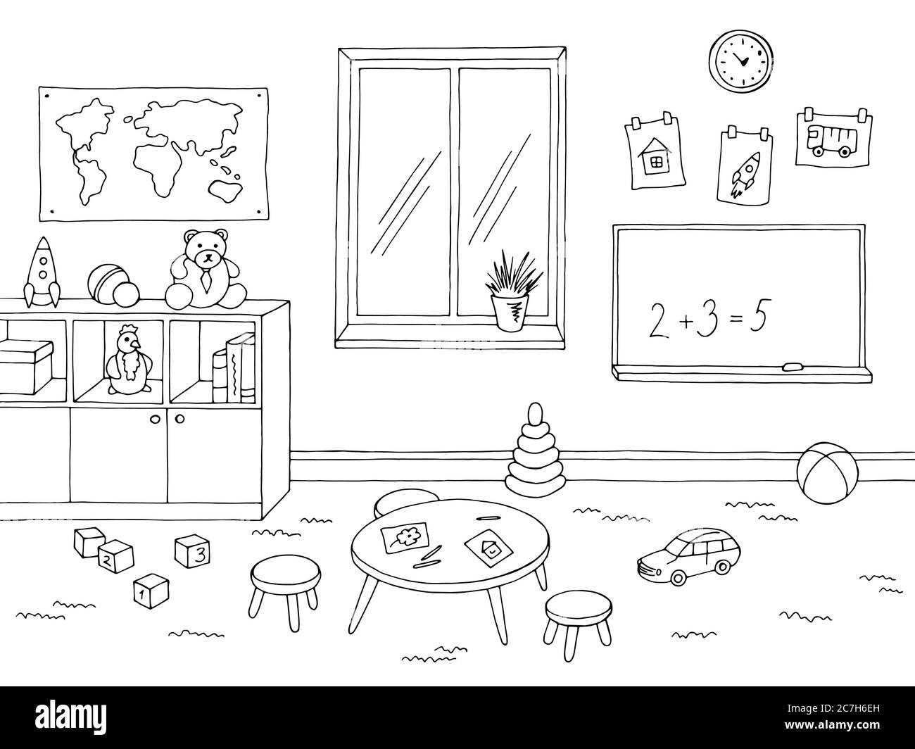 Grafico aula prescolare grafico interno bianco nero illustrazione del disegno vettore Illustrazione Vettoriale