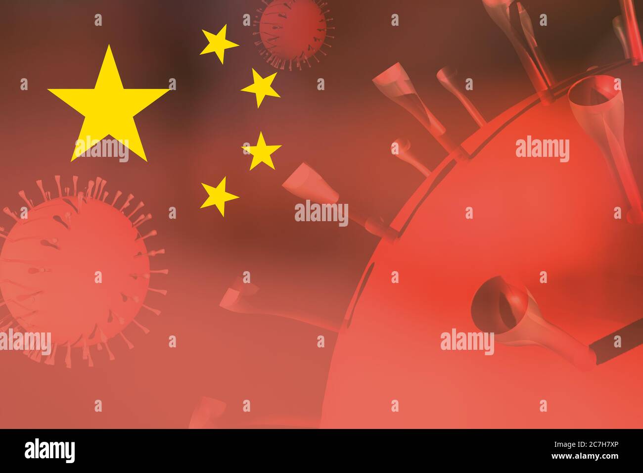 Particelle di coronavirus sovrapposte alla bandiera della Cina Foto Stock