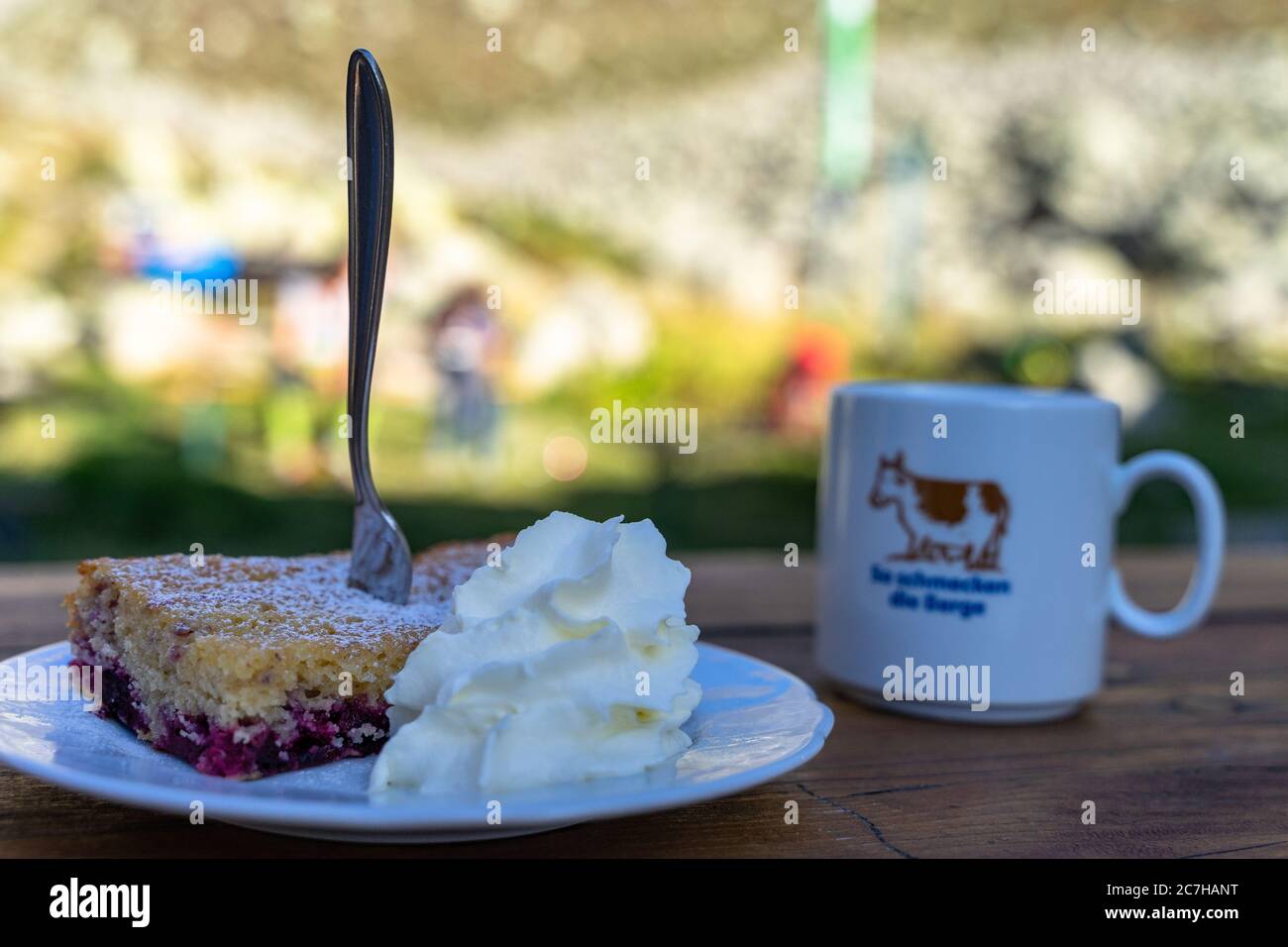 Europa, Austria, Tirolo, Alpi Ötztal, Pitztal, Piösmes, Rüsselsheimer Hütte, caffè e torta sulla Rüsselsheimer Hütte Foto Stock