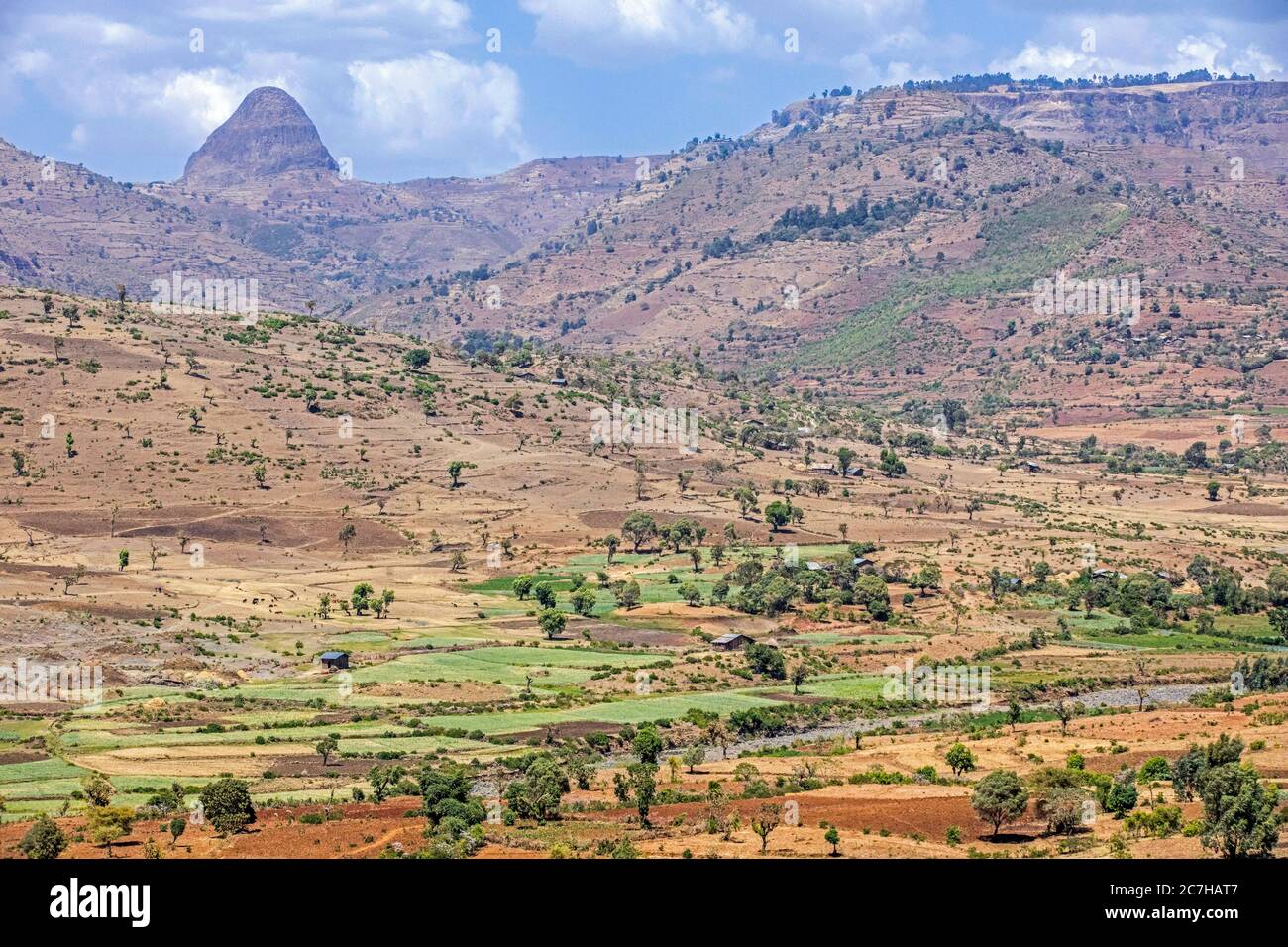 Campagna che mostra le fattorie con campi verdi in un paesaggio arido lungo la strada da Bahir Dar a Gondar nel nord Etiopia, Africa Foto Stock