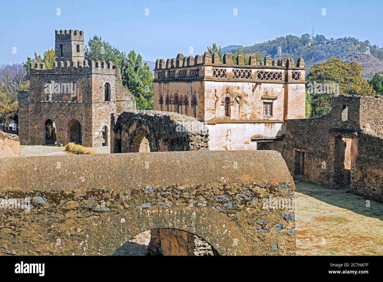 Fasil Ghebbi / recinto reale e il castello dell'imperatore del XVII secolo Fasilides, zona Nord Gondar, regione di Amhara, Etiopia, Africa Foto Stock