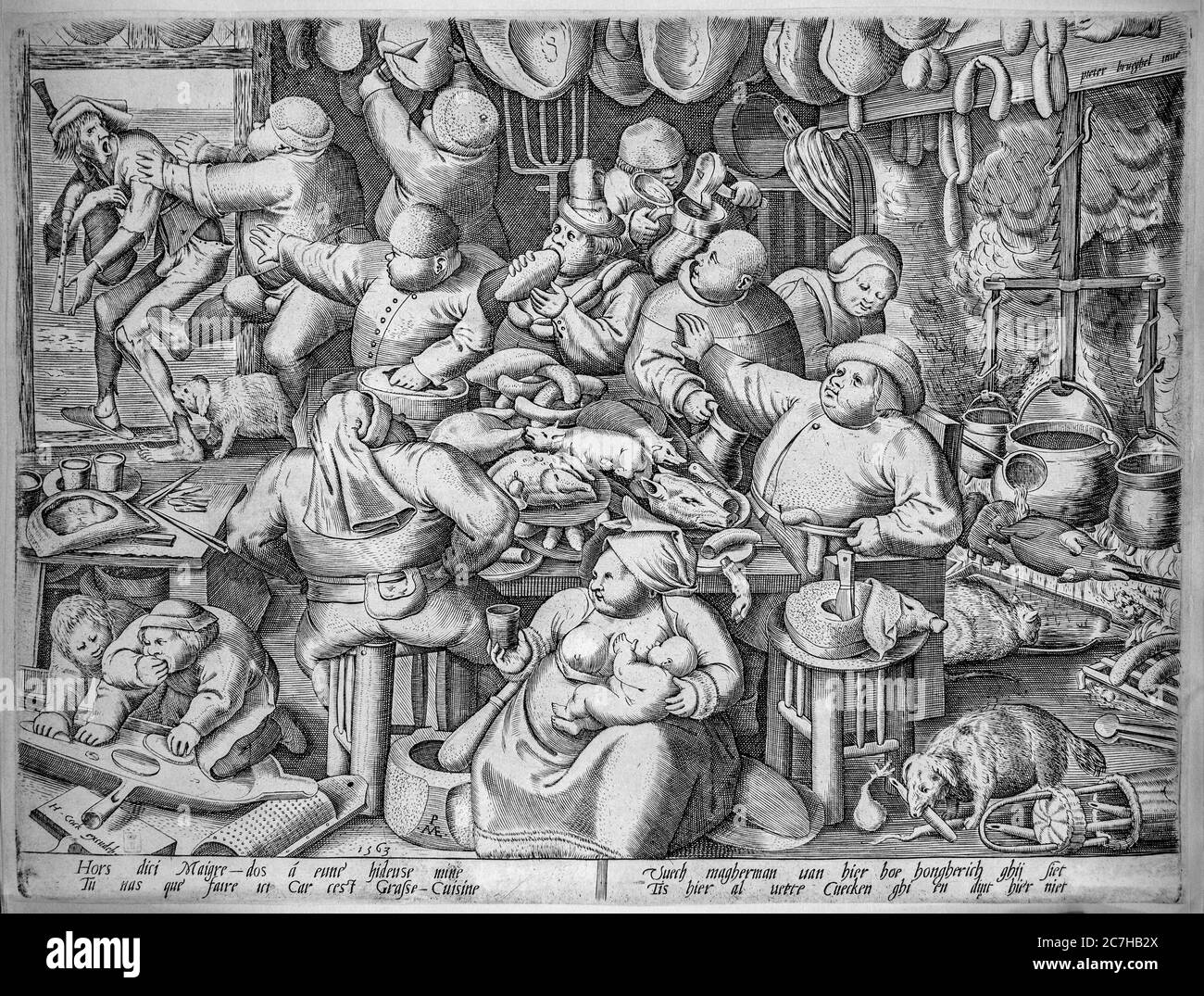 The Fat Kitchen, incisione 1563 di Pieter van der Heyden dopo Pieter Bruegel il Vecchio, pittore e stampatore olandese e fiammingo del Rinascimento Foto Stock