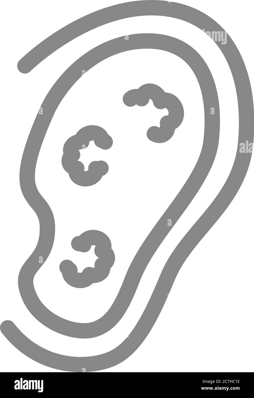Icona della linea dell'orecchio con tumori. Cancro dell'orecchio esterno, malattia dell'organo uditivo, simbolo di otite Illustrazione Vettoriale