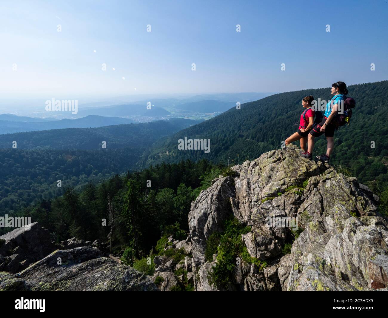 Escursioni sul Zweälersteig, Großer Kardelfelsen, Kapuzenturm Kandel Foto Stock