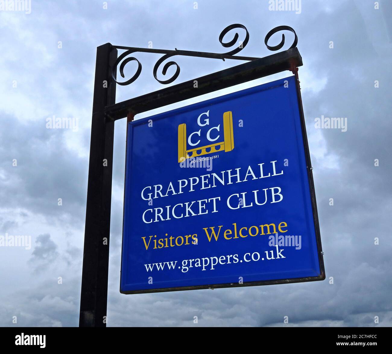 Grappenhall Cricket Club Sign, GCC, Grapper, Broad Lane, Grappenhall, Warrington, Cheshire, Inghilterra, Regno Unito, WA4 3EH Foto Stock