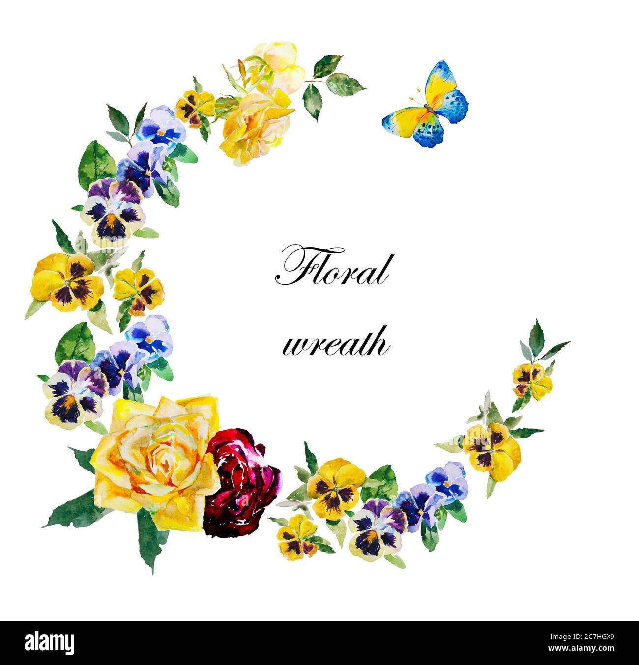 Pansy e rose acquerello corona rotonda con foglie, farfalla e fiori in fiore di colore blu, giallo e rosso scuro Foto Stock