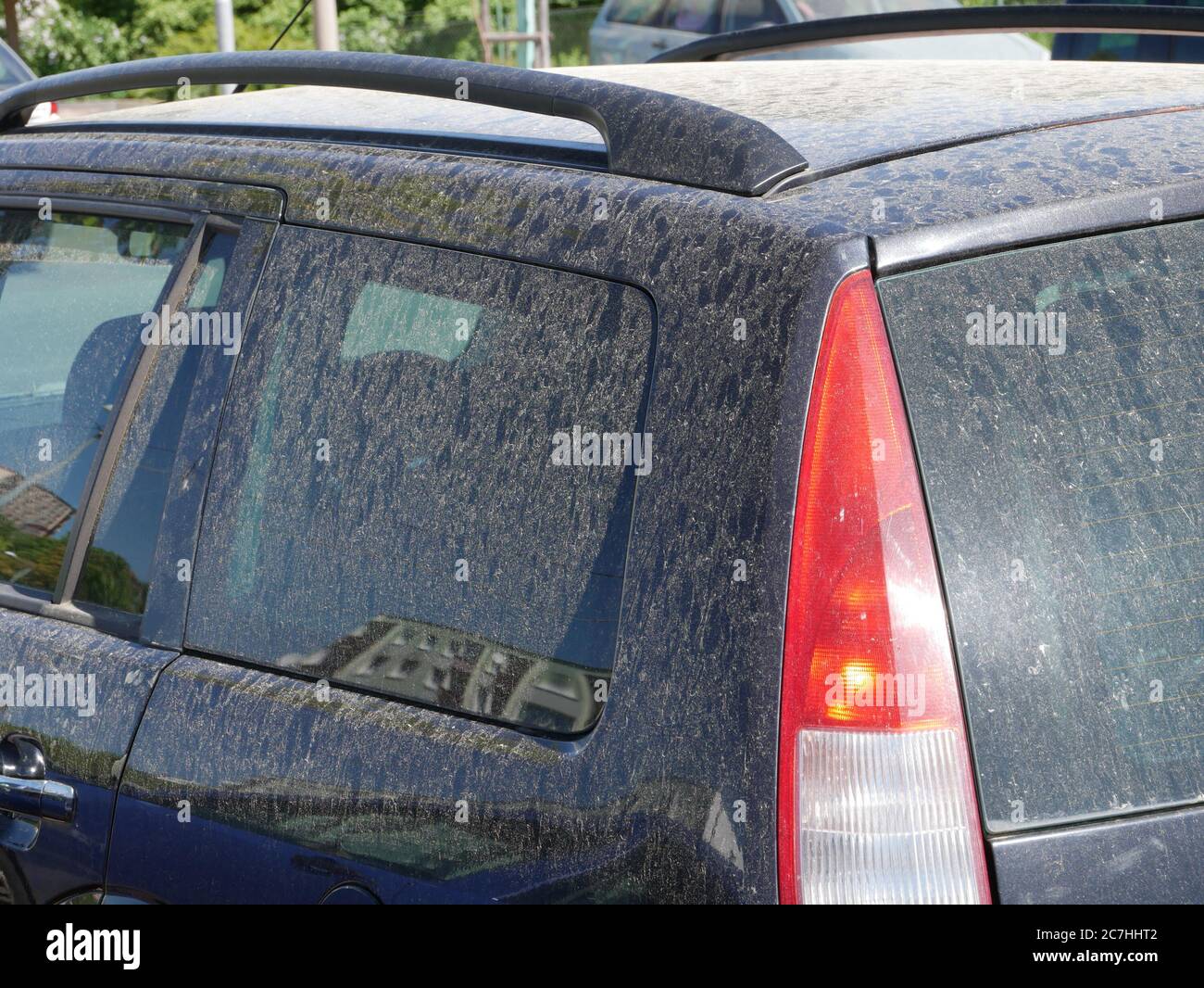 Polline e polvere fine su un'auto in primavera. Foto Stock