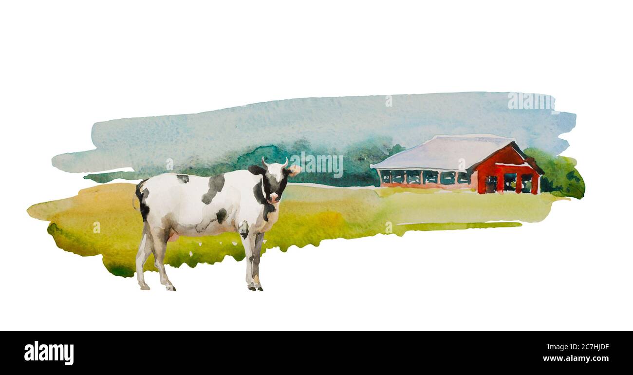 Fienile tradizionale della Fattoria Rossa d'epoca con mucca bianca e nera sulla parte anteriore. Originale semplice illustrazione rurale acquerello Foto Stock