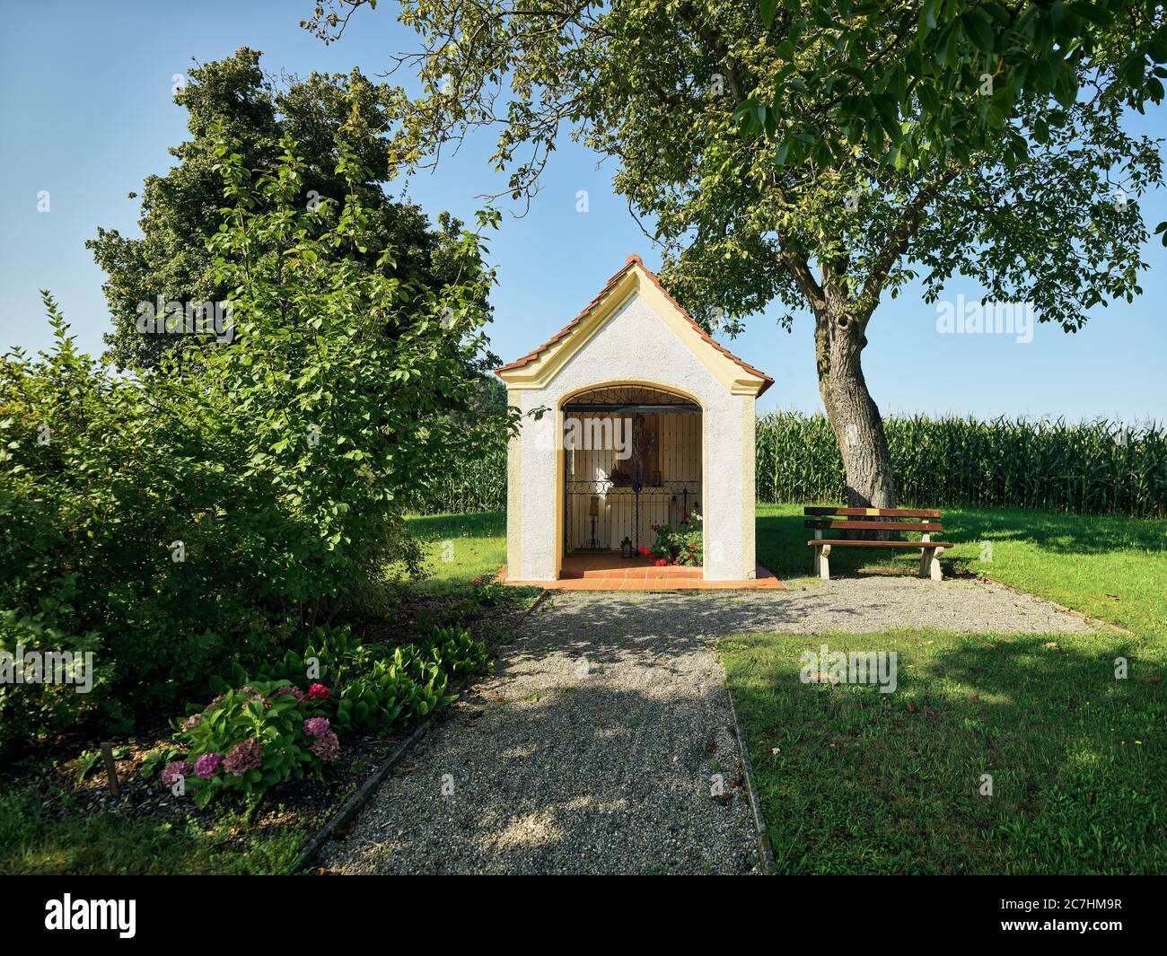 Percorso cappella, cappella, campo, campo di mais, alberi, cielo, umore del mattino, sole, estate, fine estate Foto Stock