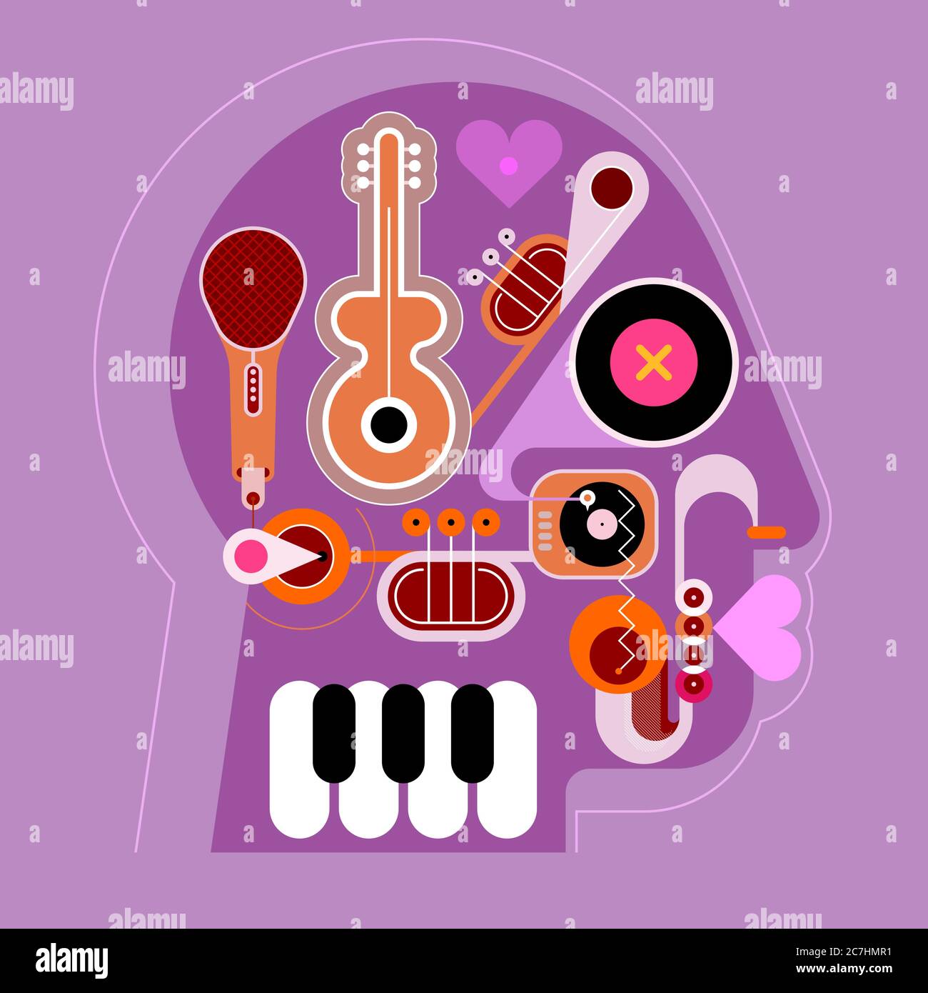 Design a forma di testa umana costituito da un diverso strumento musicale illustrazione vettoriale. Design in tonalità lilla e violacea. Una musica che viene riprodotta all'interno di Illustrazione Vettoriale