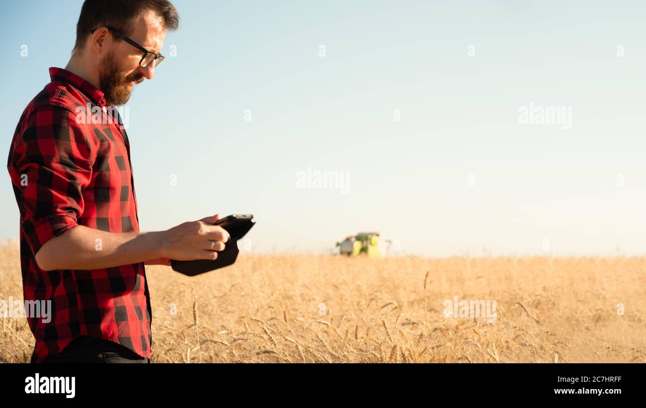 Ritratto di un uomo con tavoletta lin un campo di grano o segale. Agricoltore moderno, gestione di affari agricoli, concetto di proprietario di affari locali Foto Stock