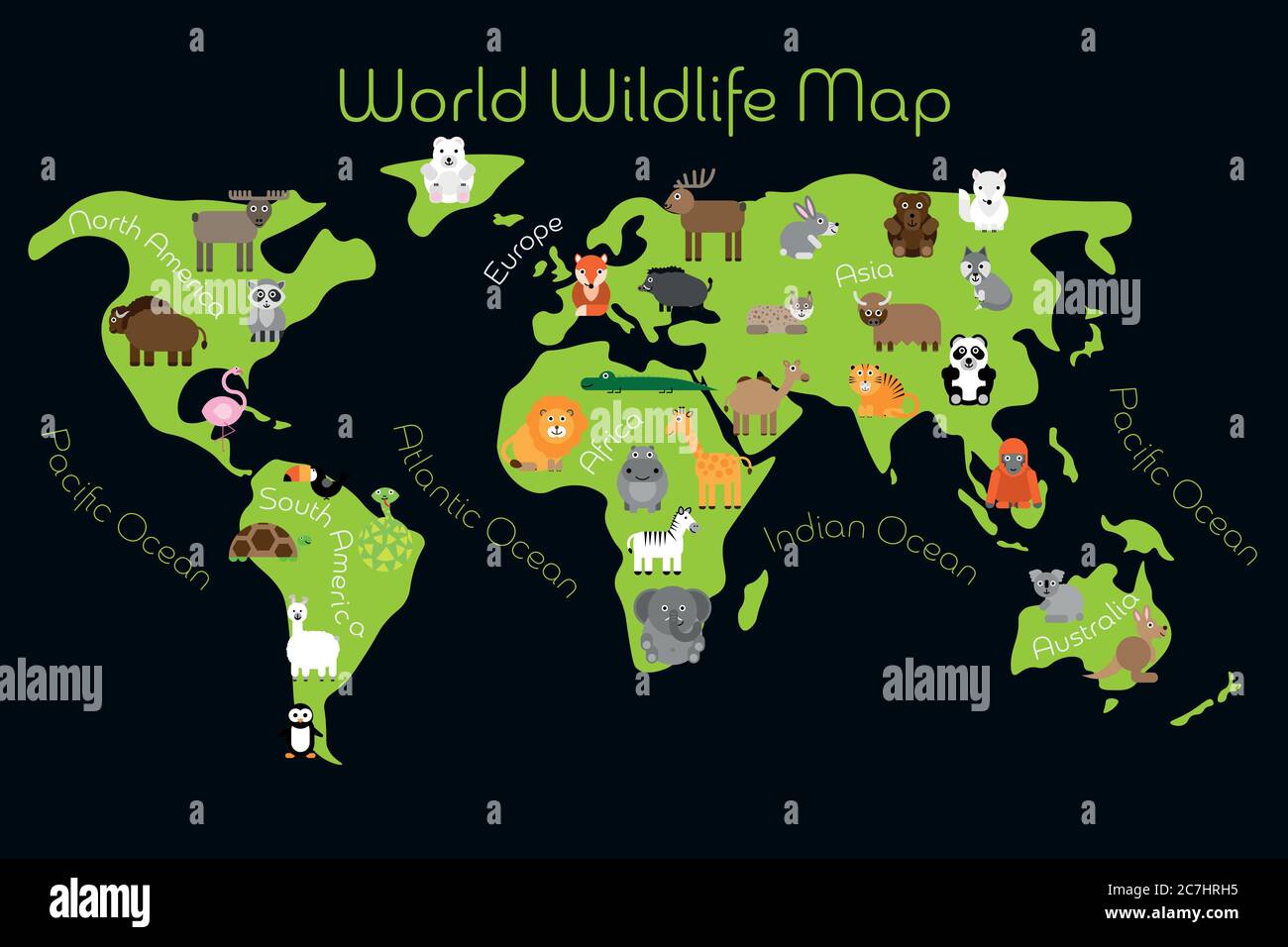Mappa della fauna selvatica del mondo - continenti con fauna tipica. Animali divertenti. Tappeto o poster per bambini. Illustrazione vettoriale. Illustrazione Vettoriale