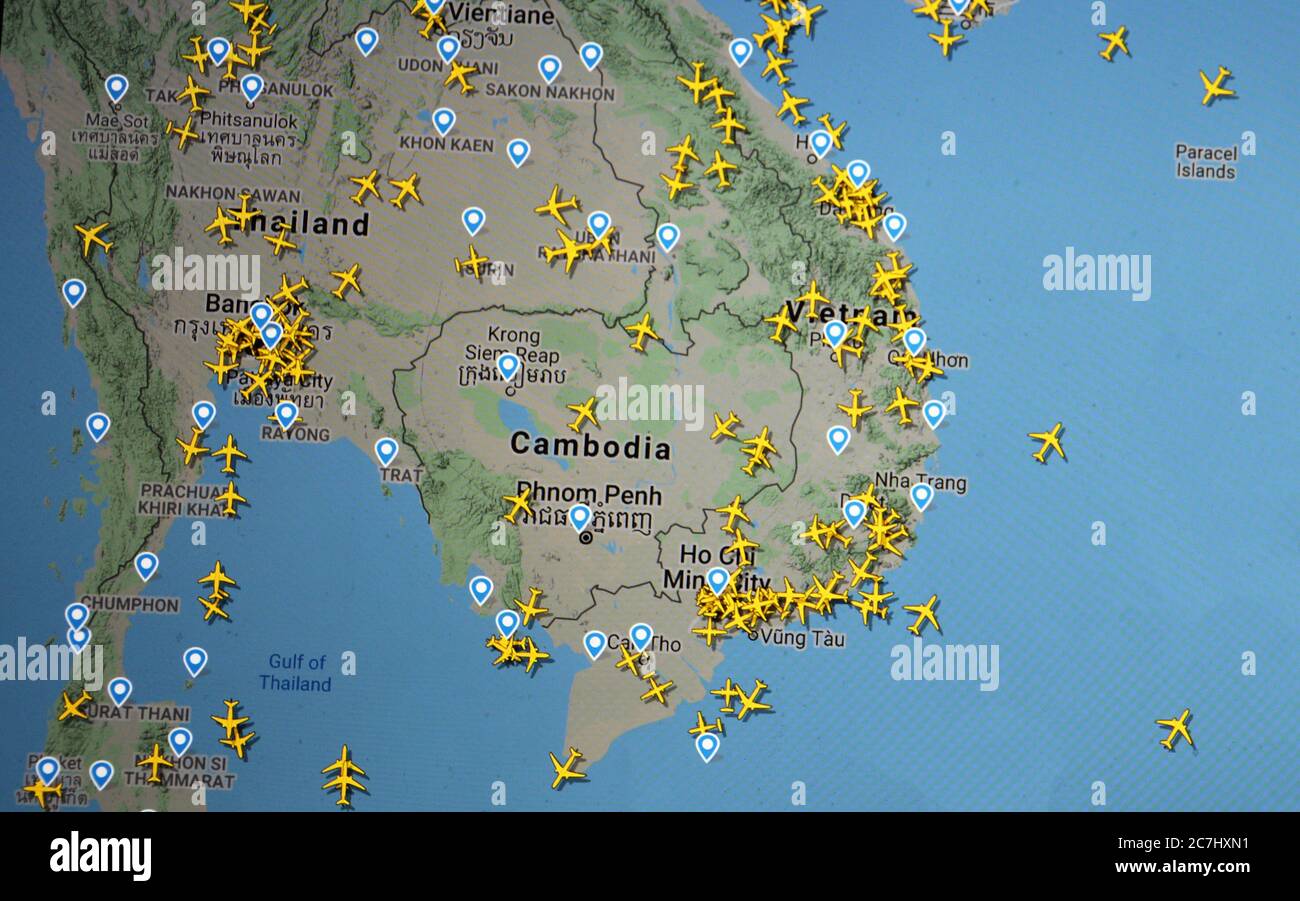 Traffico aereo su Thailandia e Indocina (17 luglio 2020, UTC 09.12) su Internet con il sito Flightradar 24, durante il Coronavirus Pandemic Foto Stock