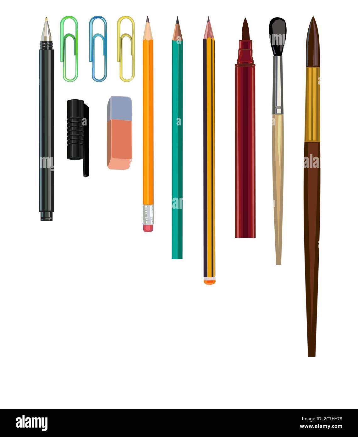 Un set di strumenti per ufficio. Matite e quaderni. Taccuini e diari, matite e penne, penne a feltro. Illustrazione vettoriale. Fermagli in carta, gomma Illustrazione Vettoriale