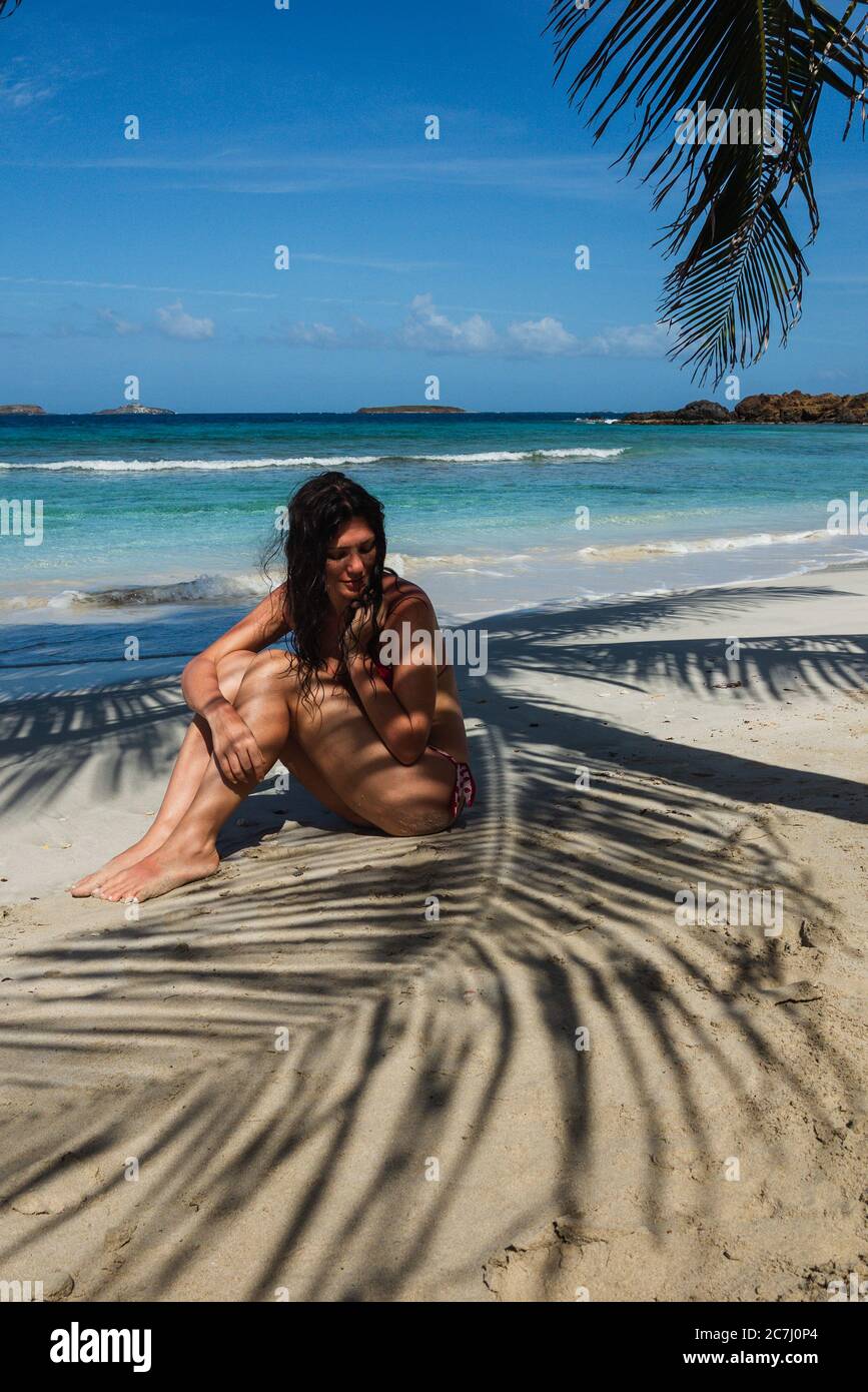 Una donna seduta nella sabbia di Zoni Beach all'ombra di una palma a Culebra, Puerto Rico Foto Stock