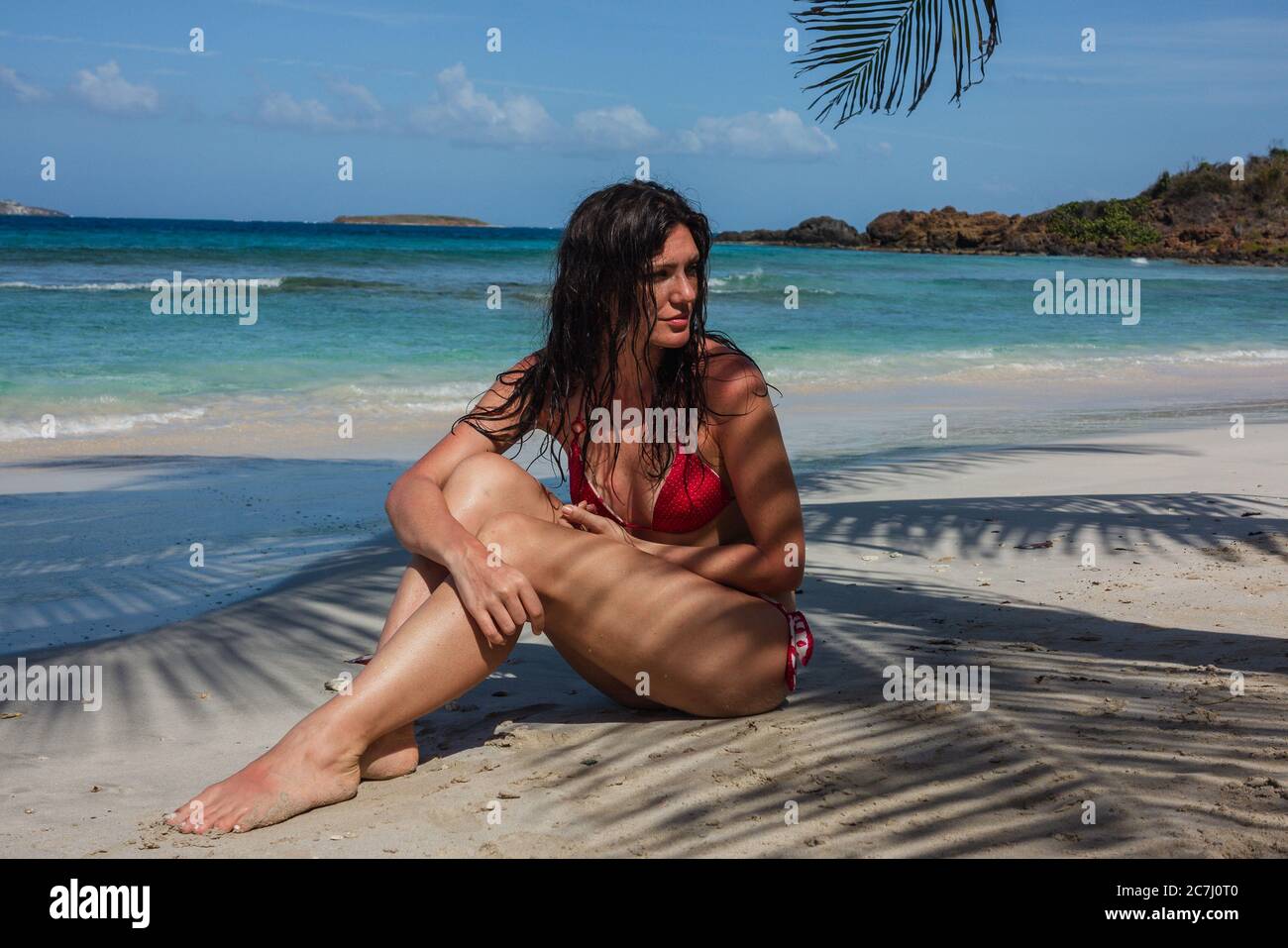 Una donna seduta nella sabbia di Zoni Beach all'ombra di una palma a Culebra, Puerto Rico Foto Stock