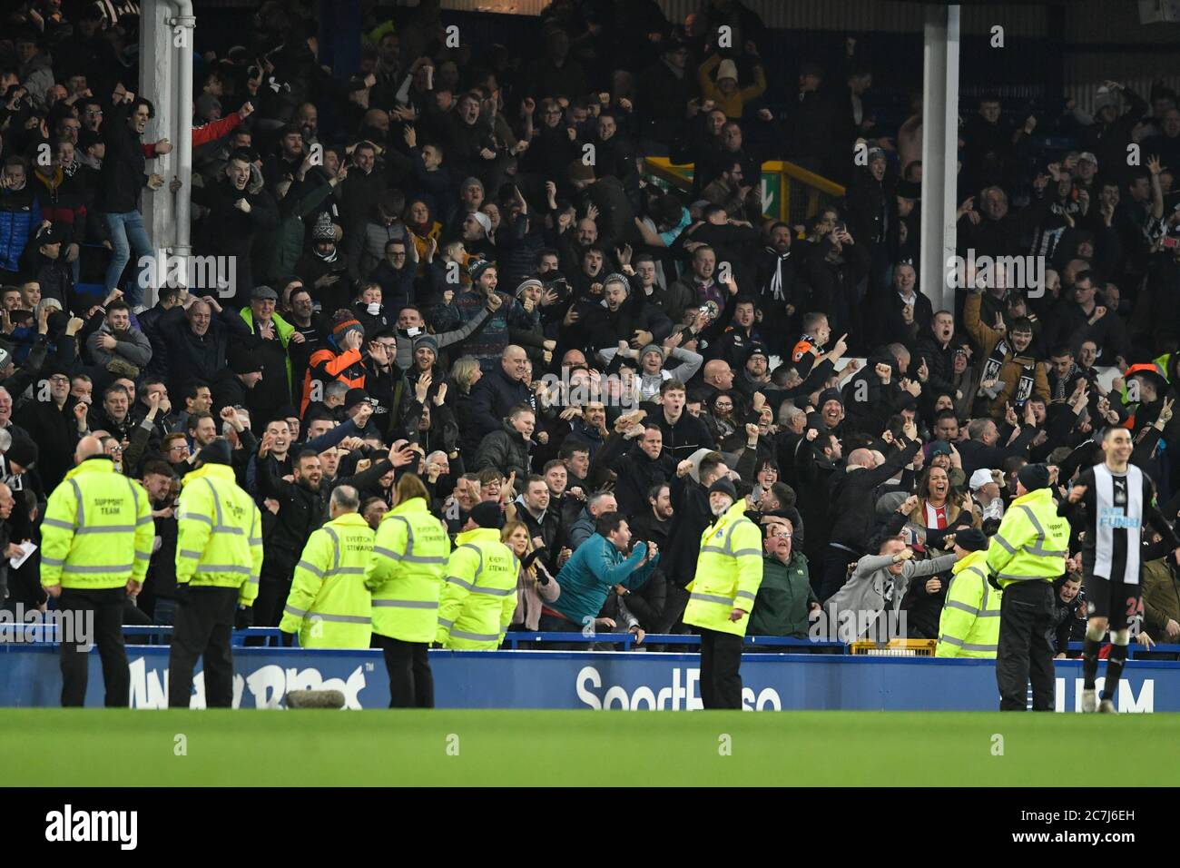 21st gennaio 2020, Goodison Park, Liverpool, Inghilterra; Premier League, Everton / Newcastle United : i viaggiatori Newcastle United tifosi andare pazzo dopo il loro lato segnare un ultimo obiettivo di benzina per fare il punteggio 2-2 Foto Stock